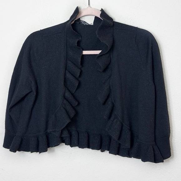 DVF Diane von Furstenberg Wool Blend Black Ruffle Cropped Cardigan Sweater Large - Picture 1 of 8